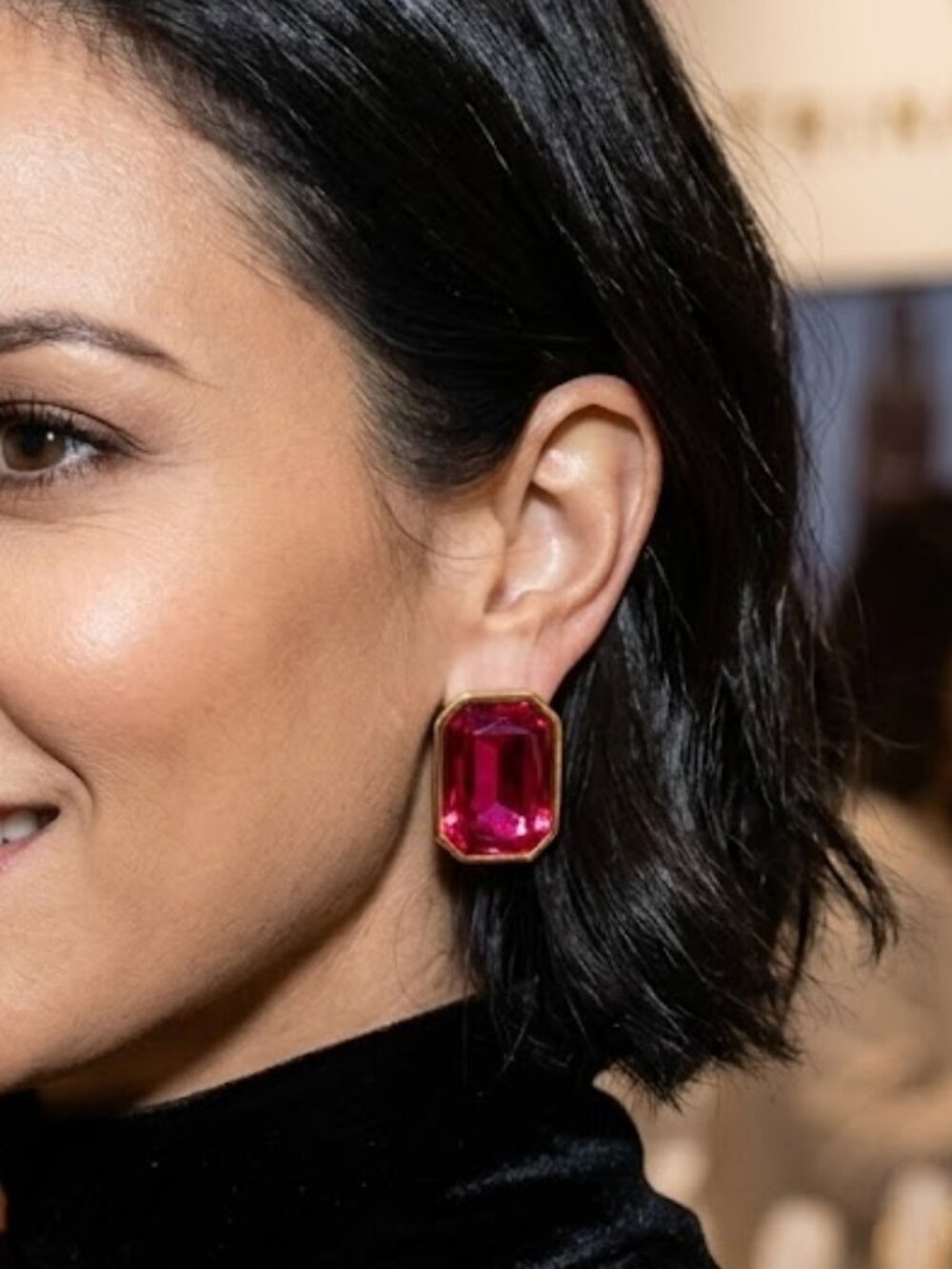 NWT Trina Turk Post Earrings - Deep Rose Color - GoldColor Outline Emerald Shape